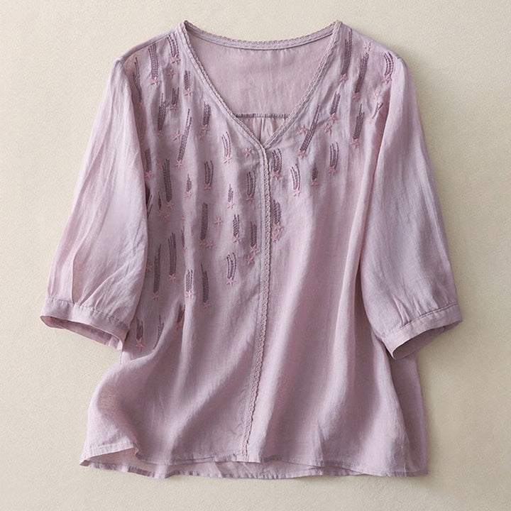Buddha Stones Casual Shooting Star Embroidery V-Neck Half Sleeve Cotton Linen Women's Shirt