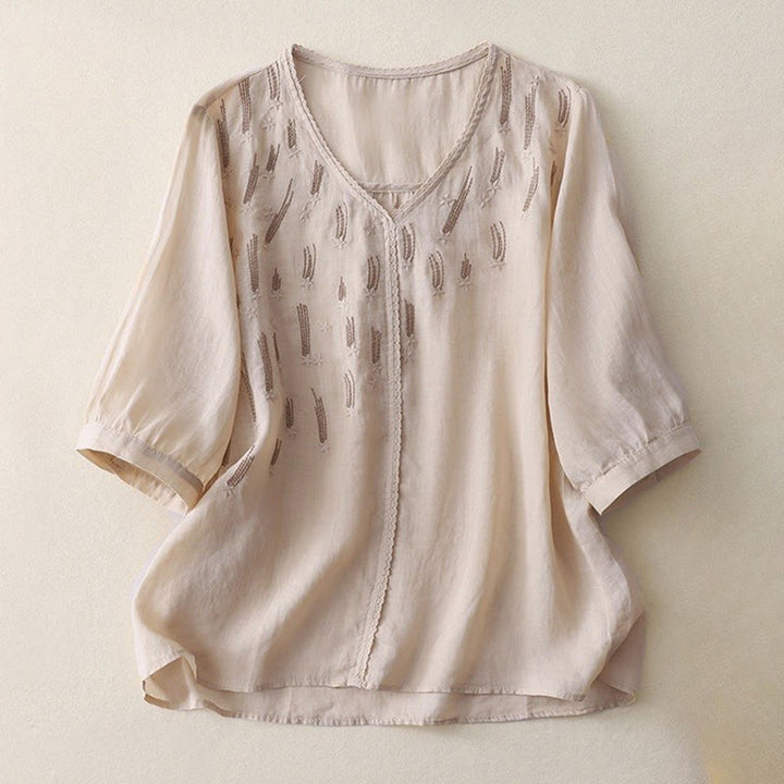 Buddha Stones Casual Shooting Star Embroidery V-Neck Half Sleeve Cotton Linen Women's Shirt