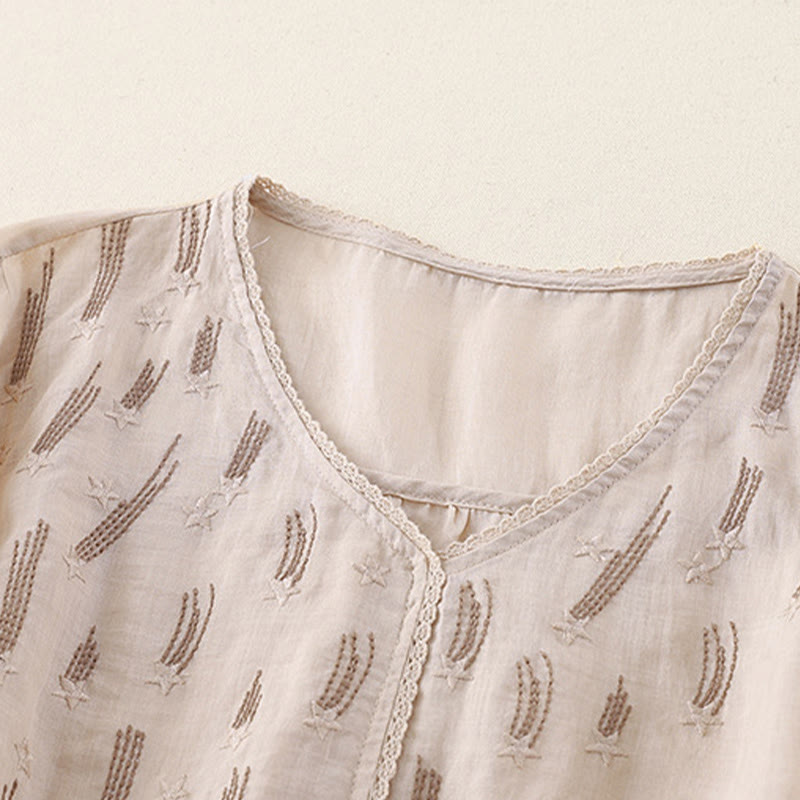 Buddha Stones Casual Shooting Star Embroidery V-Neck Half Sleeve Cotton Linen Women's Shirt