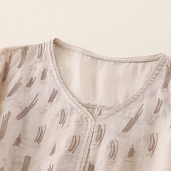 Buddha Stones Casual Shooting Star Embroidery V-Neck Half Sleeve Cotton Linen Women's Shirt