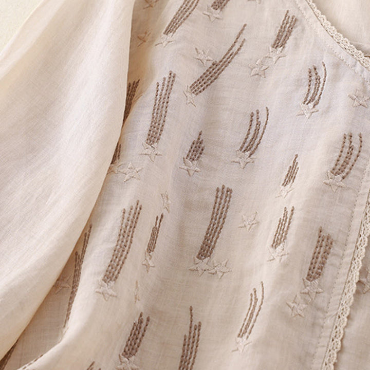 Buddha Stones Casual Shooting Star Embroidery V-Neck Half Sleeve Cotton Linen Women's Shirt
