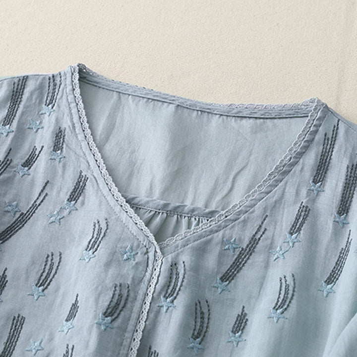 Buddha Stones Casual Shooting Star Embroidery V-Neck Half Sleeve Cotton Linen Women's Shirt