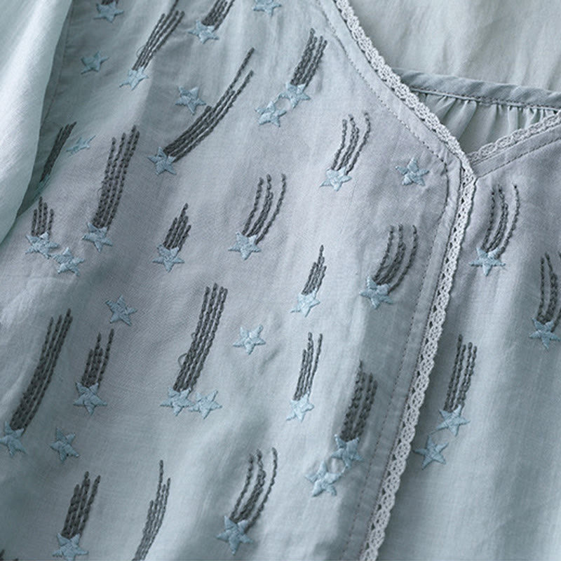 Buddha Stones Casual Shooting Star Embroidery V-Neck Half Sleeve Cotton Linen Women's Shirt