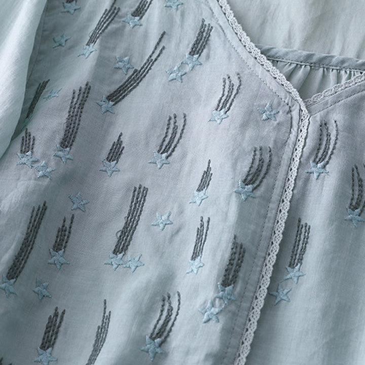 Buddha Stones Casual Shooting Star Embroidery V-Neck Half Sleeve Cotton Linen Women's Shirt