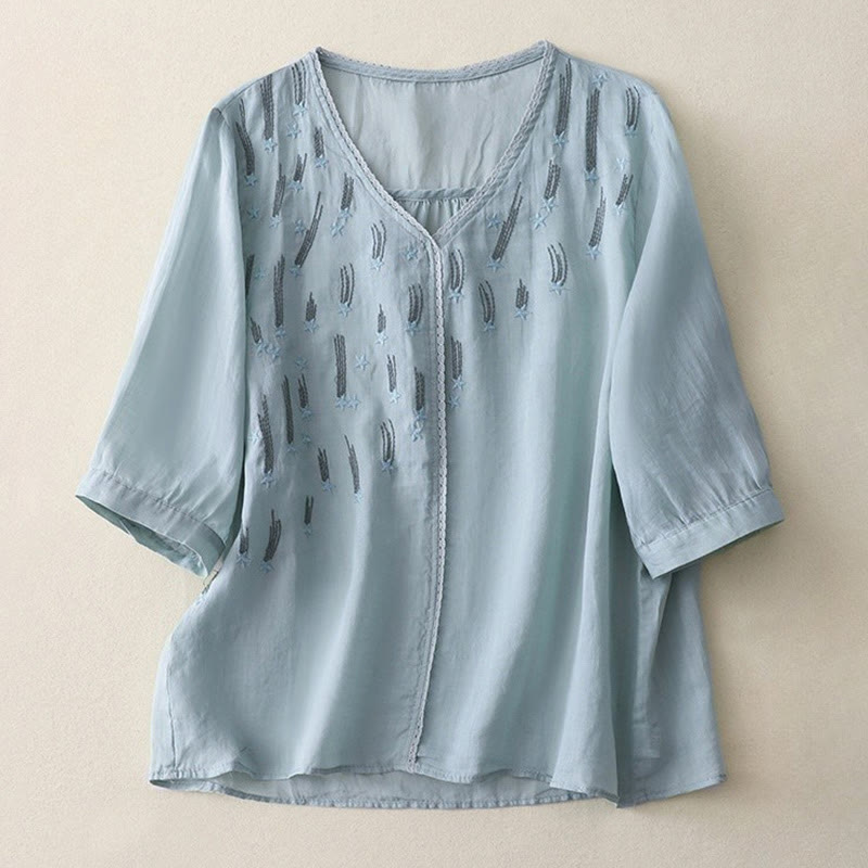 Buddha Stones Casual Shooting Star Embroidery V-Neck Half Sleeve Cotton Linen Women's Shirt