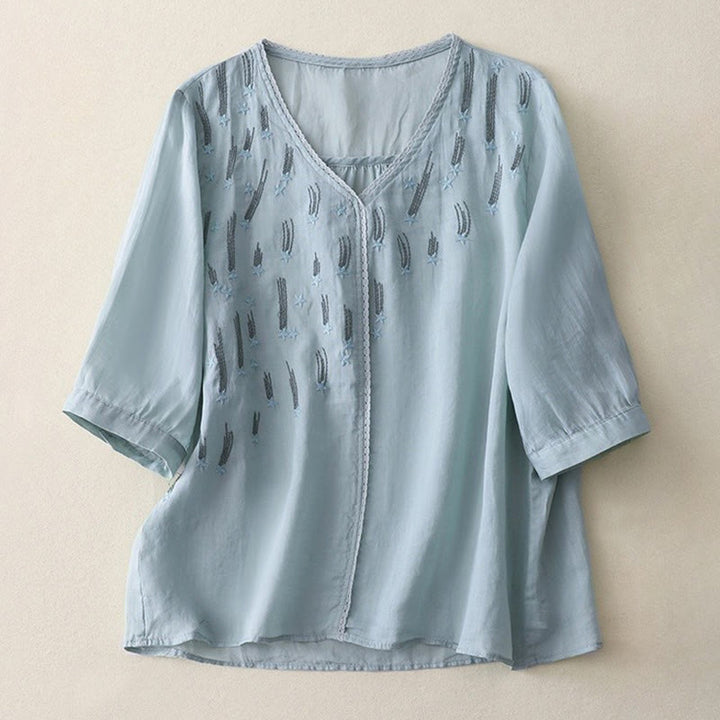 Buddha Stones Casual Shooting Star Embroidery V-Neck Half Sleeve Cotton Linen Women's Shirt