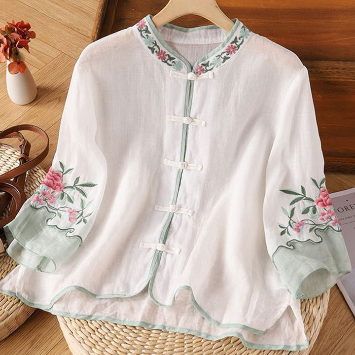 Buddha Stones Casual Embroidered Flowers Leaves Frog Button Three Quarter Sleeve Cotton Women's Shirt