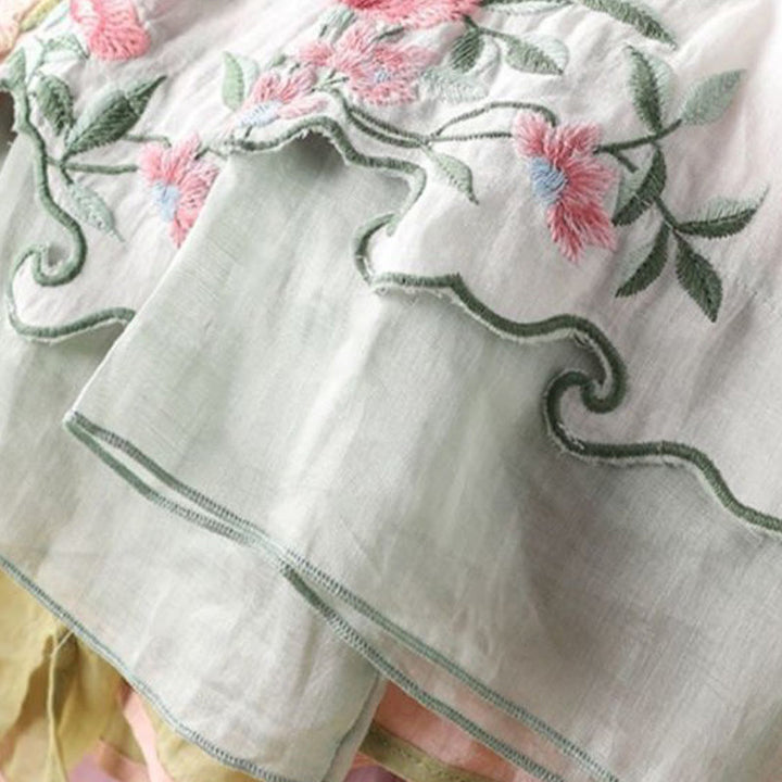 Buddha Stones Casual Embroidered Flowers Leaves Frog Button Three Quarter Sleeve Cotton Women's Shirt