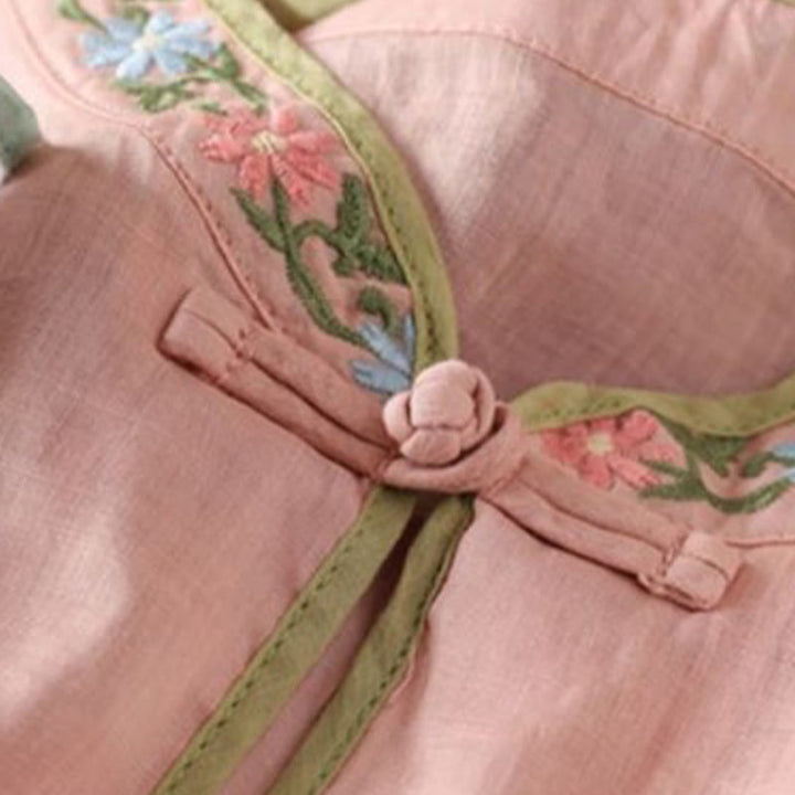 Buddha Stones Casual Embroidered Flowers Leaves Frog Button Three Quarter Sleeve Cotton Women's Shirt