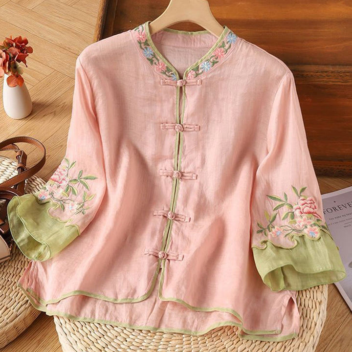 Buddha Stones Casual Embroidered Flowers Leaves Frog Button Three Quarter Sleeve Cotton Women's Shirt