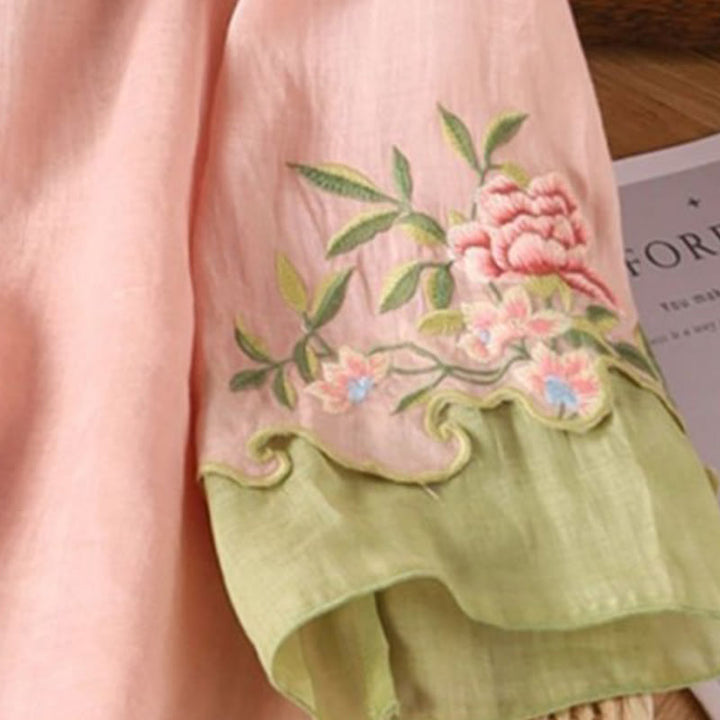 Buddha Stones Casual Embroidered Flowers Leaves Frog Button Three Quarter Sleeve Cotton Women's Shirt