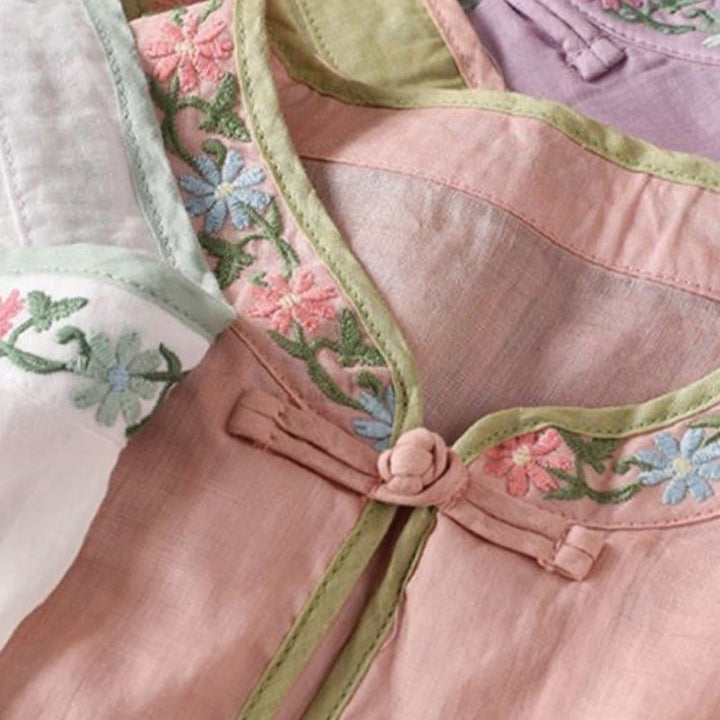 Buddha Stones Casual Embroidered Flowers Leaves Frog Button Three Quarter Sleeve Cotton Women's Shirt