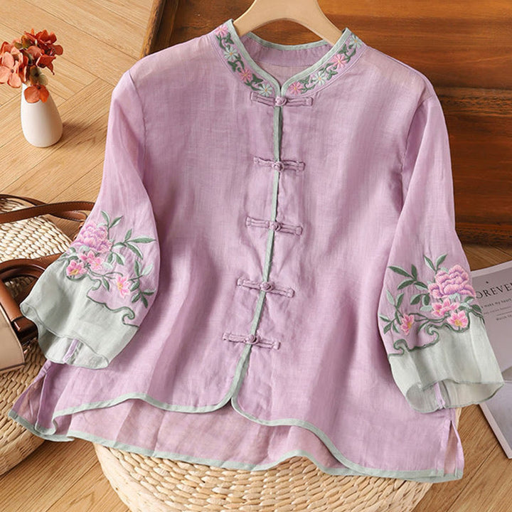 Buddha Stones Casual Embroidered Flowers Leaves Frog Button Three Quarter Sleeve Cotton Women's Shirt