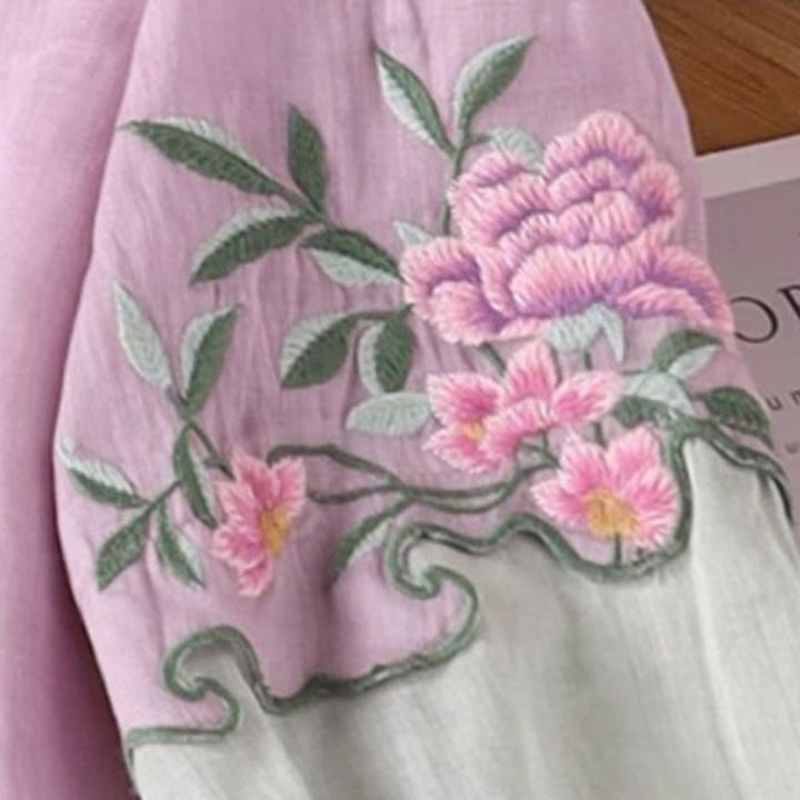 Buddha Stones Casual Embroidered Flowers Leaves Frog Button Three Quarter Sleeve Cotton Women's Shirt