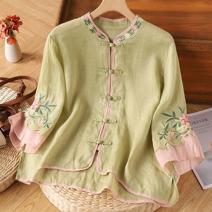 Buddha Stones Casual Embroidered Flowers Leaves Frog Button Three Quarter Sleeve Cotton Women's Shirt