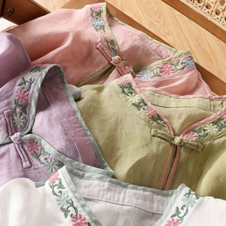 Buddha Stones Casual Embroidered Flowers Leaves Frog Button Three Quarter Sleeve Cotton Women's Shirt