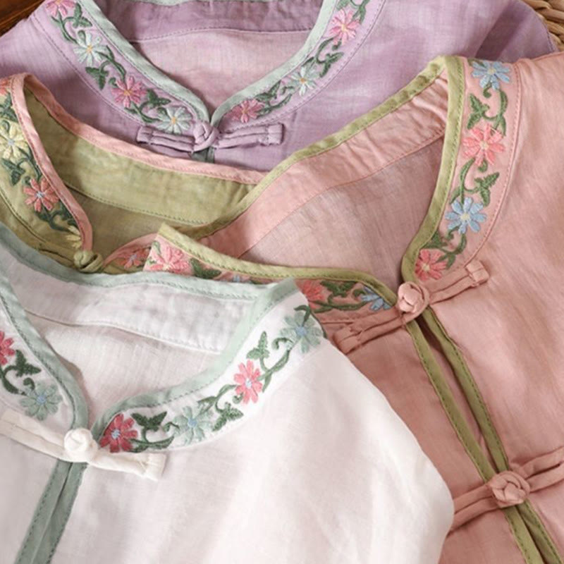 Buddha Stones Casual Embroidered Flowers Leaves Frog Button Three Quarter Sleeve Cotton Women's Shirt