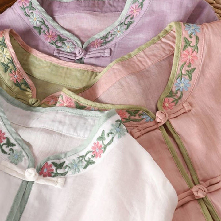 Buddha Stones Casual Embroidered Flowers Leaves Frog Button Three Quarter Sleeve Cotton Women's Shirt
