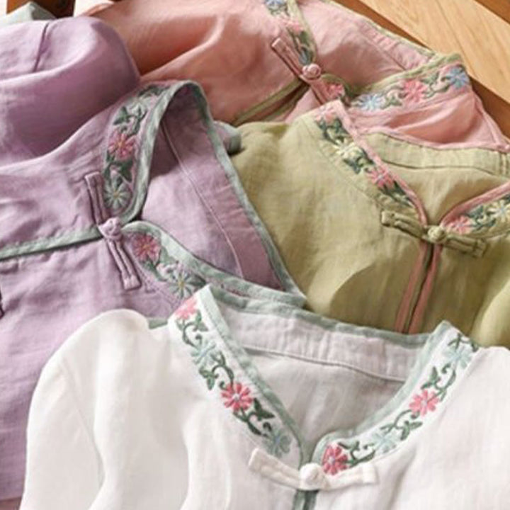 Buddha Stones Casual Embroidered Flowers Leaves Frog Button Three Quarter Sleeve Cotton Women's Shirt
