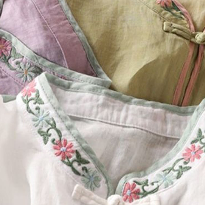 Buddha Stones Casual Embroidered Flowers Leaves Frog Button Three Quarter Sleeve Cotton Women's Shirt