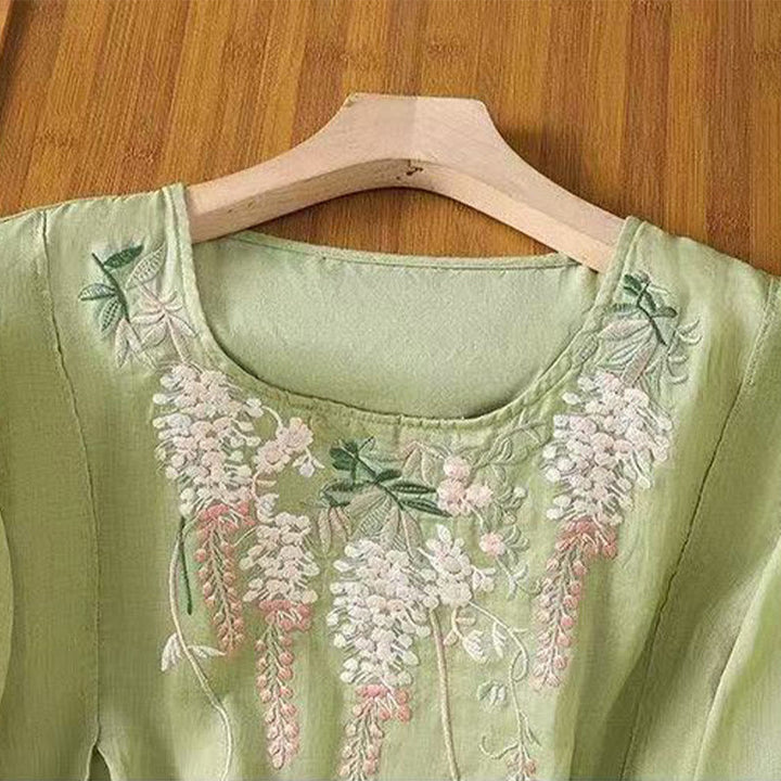 Buddha Stones Casual Embroidered Floral Pattern Women's Crew Neck Design Three-quarter Sleeve Cotton Linen T-shirt