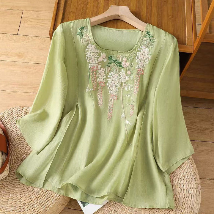 Buddha Stones Casual Embroidered Floral Pattern Women's Crew Neck Design Three-quarter Sleeve Cotton Linen T-shirt