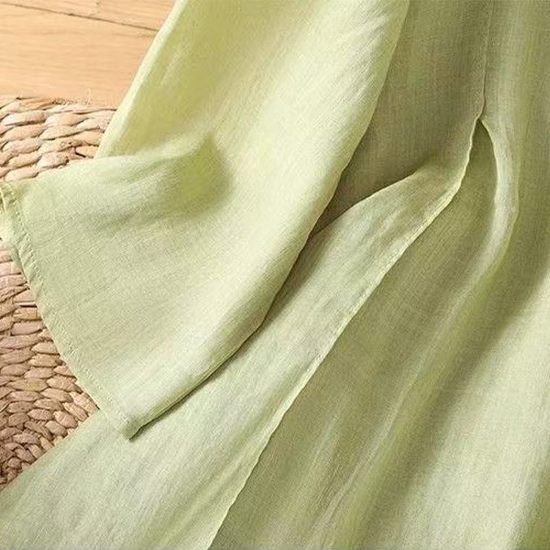 Buddha Stones Casual Embroidered Floral Pattern Women's Crew Neck Design Three-quarter Sleeve Cotton Linen T-shirt