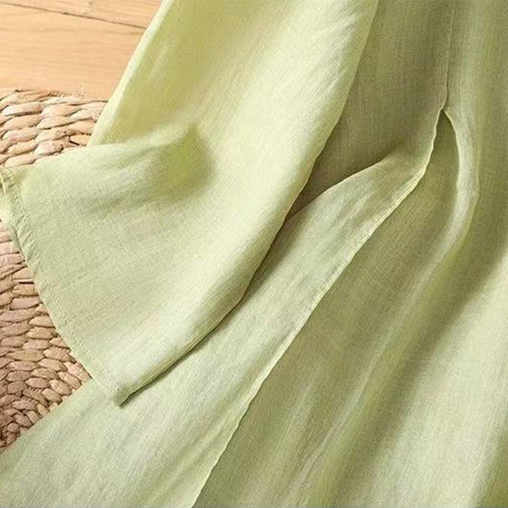 Buddha Stones Casual Embroidered Floral Pattern Women's Crew Neck Design Three-quarter Sleeve Cotton Linen T-shirt