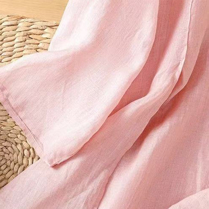 Buddha Stones Casual Embroidered Floral Pattern Women's Crew Neck Design Three-quarter Sleeve Cotton Linen T-shirt