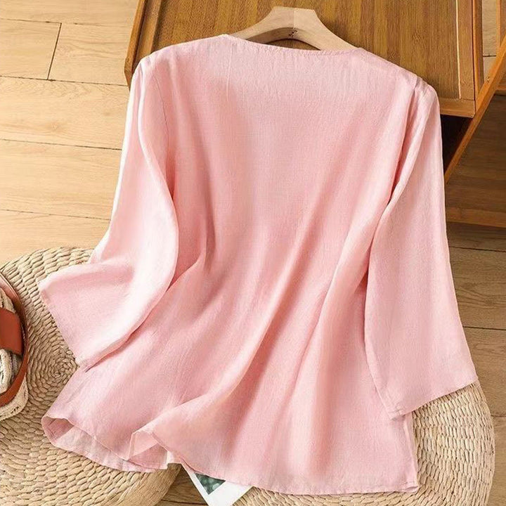 Buddha Stones Casual Embroidered Floral Pattern Women's Crew Neck Design Three-quarter Sleeve Cotton Linen T-shirt
