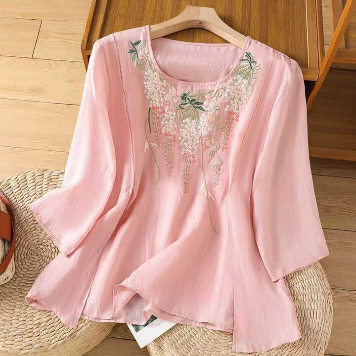 Buddha Stones Casual Embroidered Floral Pattern Women's Crew Neck Design Three-quarter Sleeve Cotton Linen T-shirt
