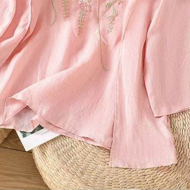 Buddha Stones Casual Embroidered Floral Pattern Women's Crew Neck Design Three-quarter Sleeve Cotton Linen T-shirt