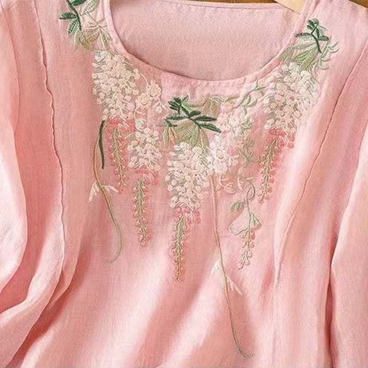 Buddha Stones Casual Embroidered Floral Pattern Women's Crew Neck Design Three-quarter Sleeve Cotton Linen T-shirt