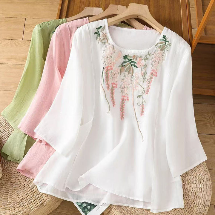 Buddha Stones Casual Embroidered Floral Pattern Women's Crew Neck Design Three-quarter Sleeve Cotton Linen T-shirt