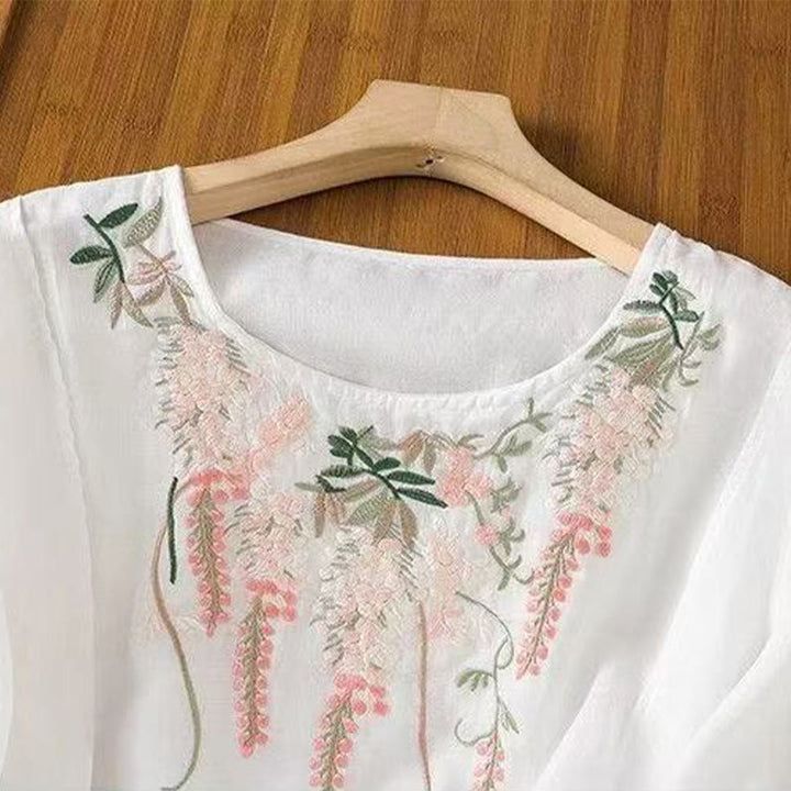 Buddha Stones Casual Embroidered Floral Pattern Women's Crew Neck Design Three-quarter Sleeve Cotton Linen T-shirt