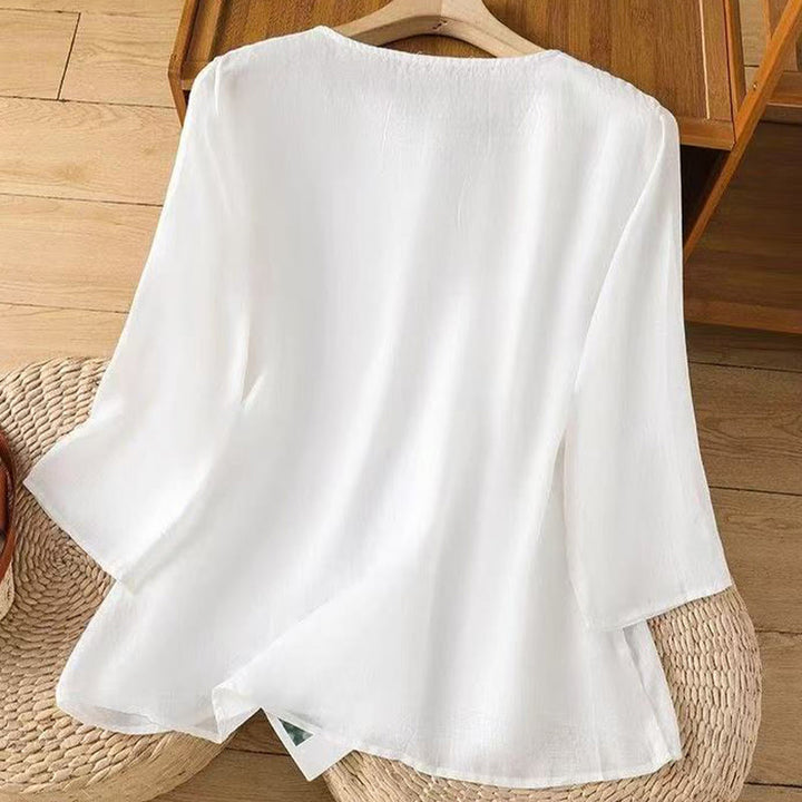 Buddha Stones Casual Embroidered Floral Pattern Women's Crew Neck Design Three-quarter Sleeve Cotton Linen T-shirt