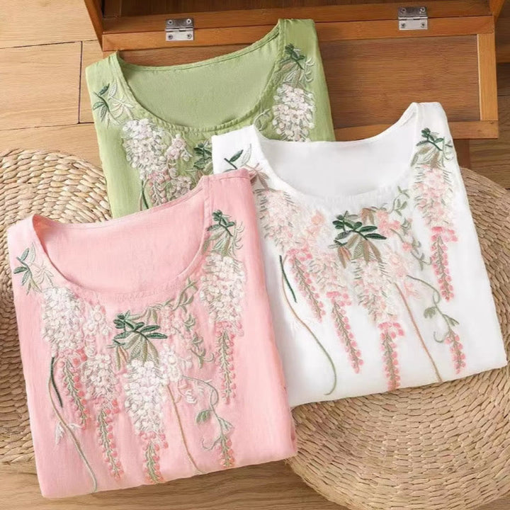 Buddha Stones Casual Embroidered Floral Pattern Women's Crew Neck Design Three-quarter Sleeve Cotton Linen T-shirt