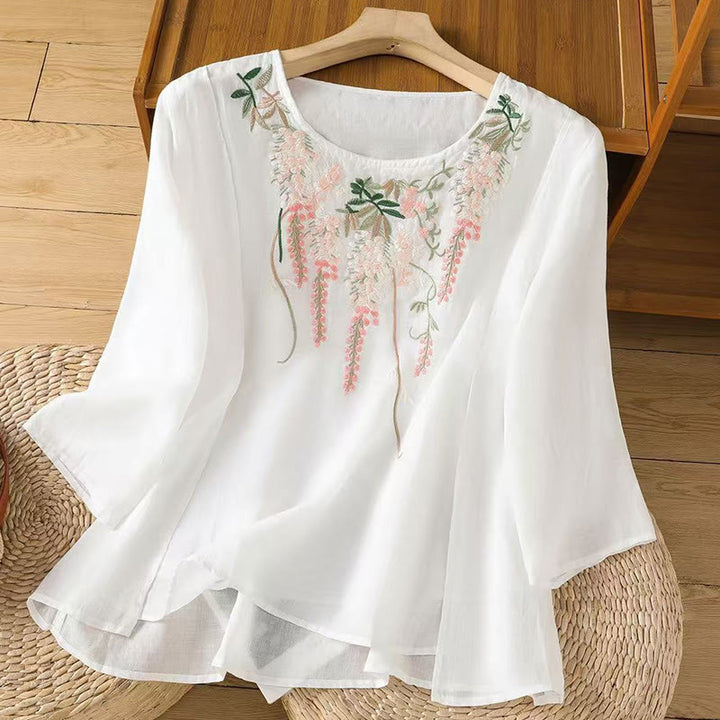 Buddha Stones Casual Embroidered Floral Pattern Women's Crew Neck Design Three-quarter Sleeve Cotton Linen T-shirt