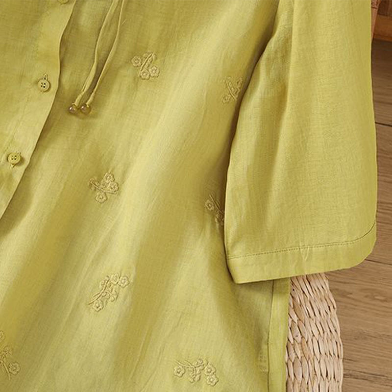 Buddha Stones Casual Embroidered Flowers Button Three Quarter Sleeve Cotton Women's Shirt