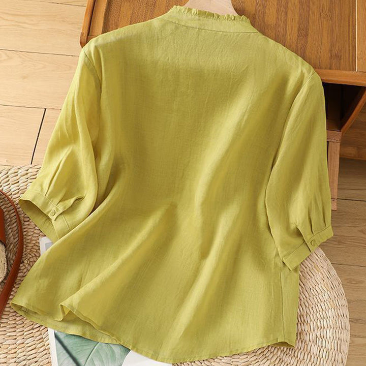 Buddha Stones Casual Embroidered Flowers Button Three Quarter Sleeve Cotton Women's Shirt