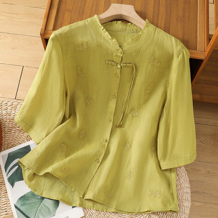 Buddha Stones Casual Embroidered Flowers Button Three Quarter Sleeve Cotton Women's Shirt