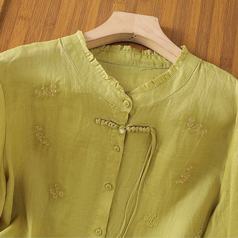 Buddha Stones Casual Embroidered Flowers Button Three Quarter Sleeve Cotton Women's Shirt