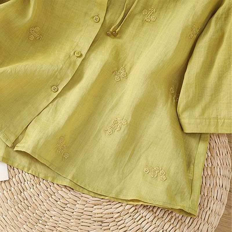 Buddha Stones Casual Embroidered Flowers Button Three Quarter Sleeve Cotton Women's Shirt