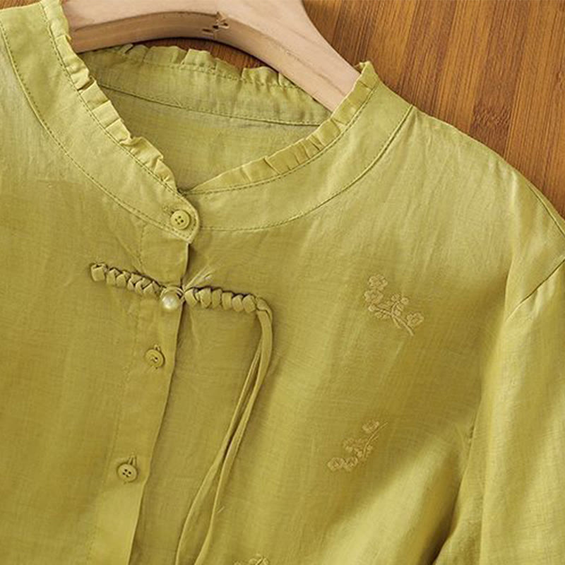 Buddha Stones Casual Embroidered Flowers Button Three Quarter Sleeve Cotton Women's Shirt