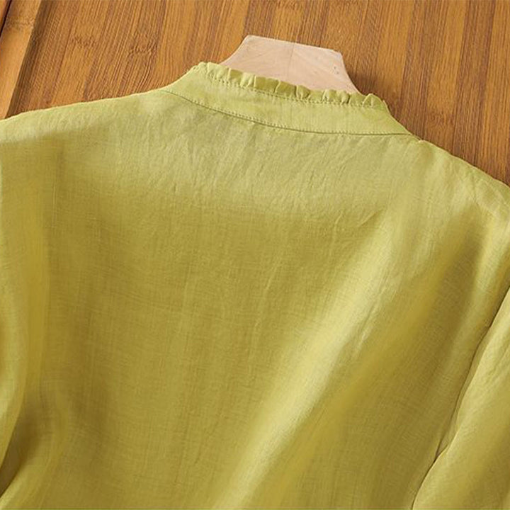Buddha Stones Casual Embroidered Flowers Button Three Quarter Sleeve Cotton Women's Shirt