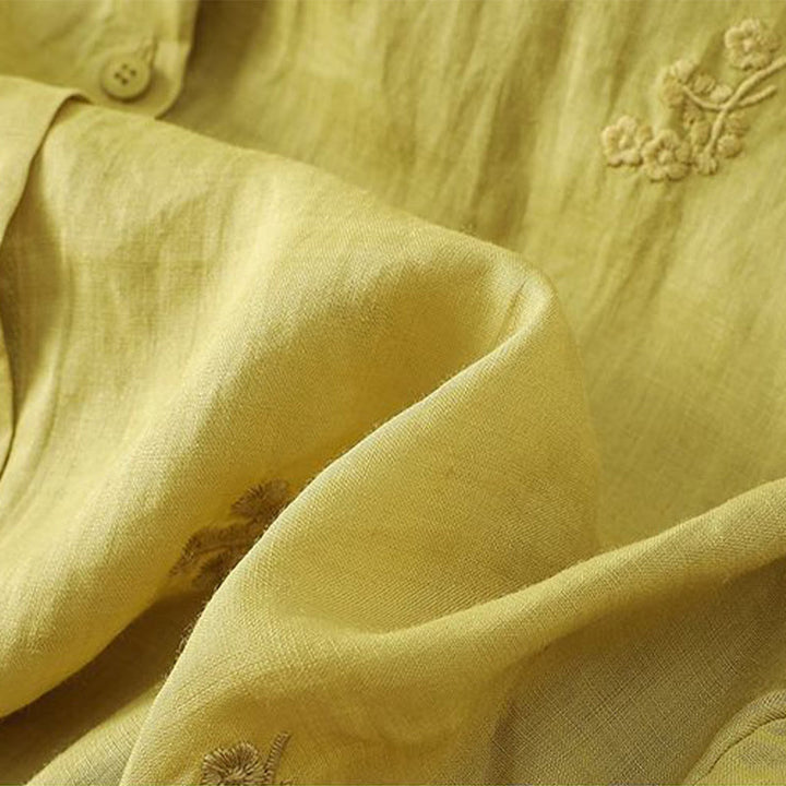 Buddha Stones Casual Embroidered Flowers Button Three Quarter Sleeve Cotton Women's Shirt