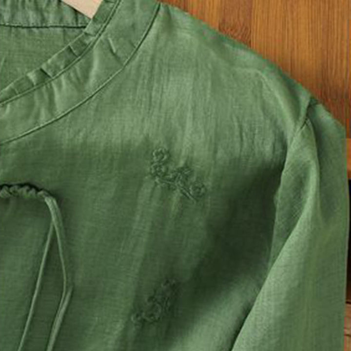Buddha Stones Casual Embroidered Flowers Button Three Quarter Sleeve Cotton Women's Shirt