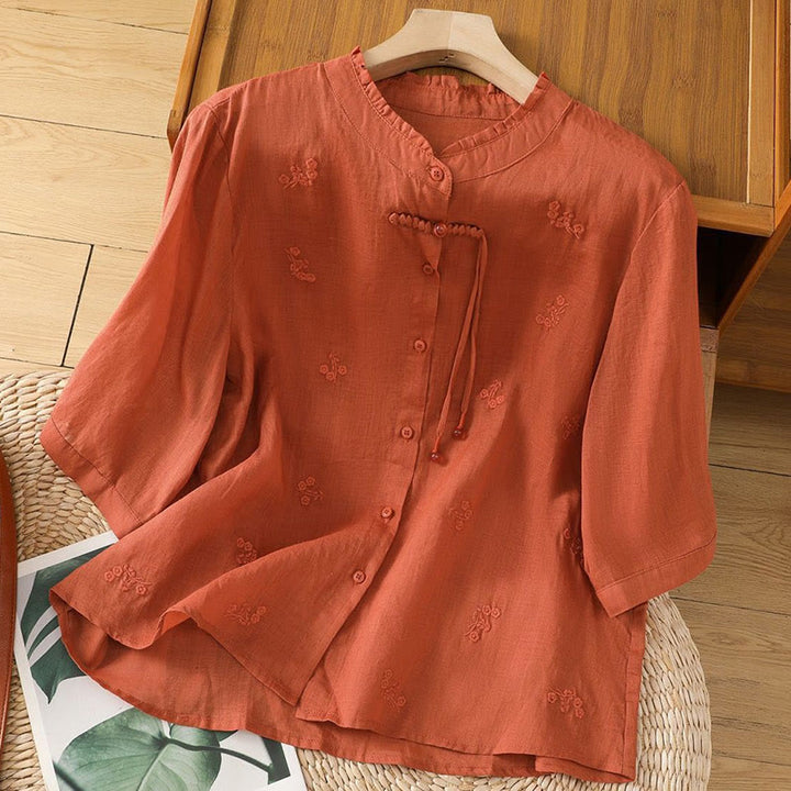 Buddha Stones Casual Embroidered Flowers Button Three Quarter Sleeve Cotton Women's Shirt