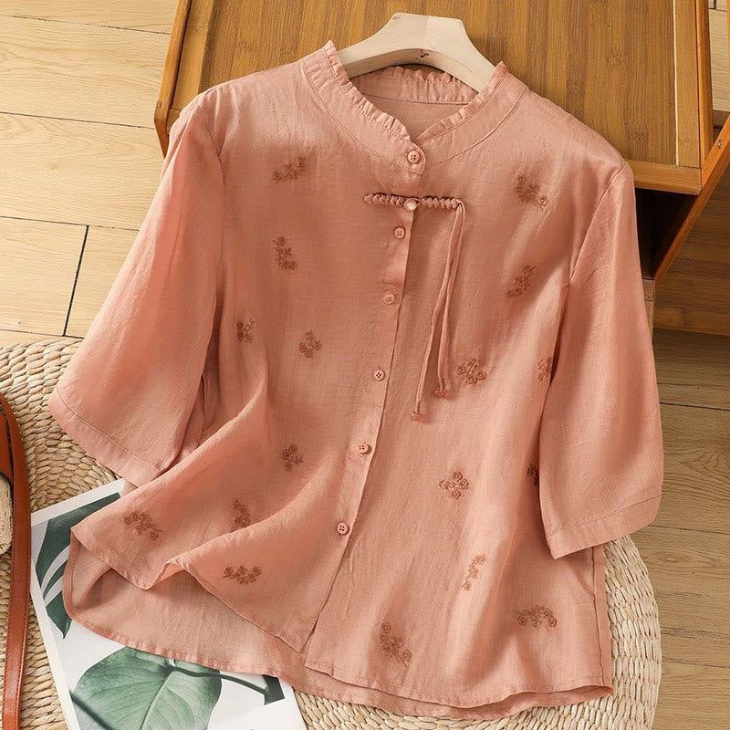 Buddha Stones Casual Embroidered Flowers Button Three Quarter Sleeve Cotton Women's Shirt