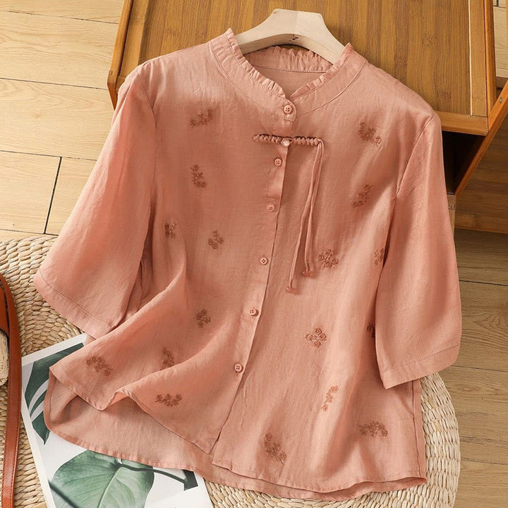 Buddha Stones Casual Embroidered Flowers Button Three Quarter Sleeve Cotton Women's Shirt